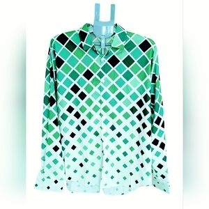 Men’s Green Geometric Print Button-Up Shirt – Long Sleeve Collared Casual
